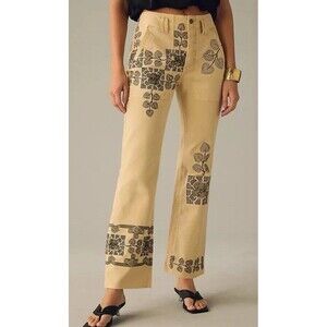 Anthropologie Pilcro Flare Embroidered Beige Khaki Twill Cargo Pants Ankle 30